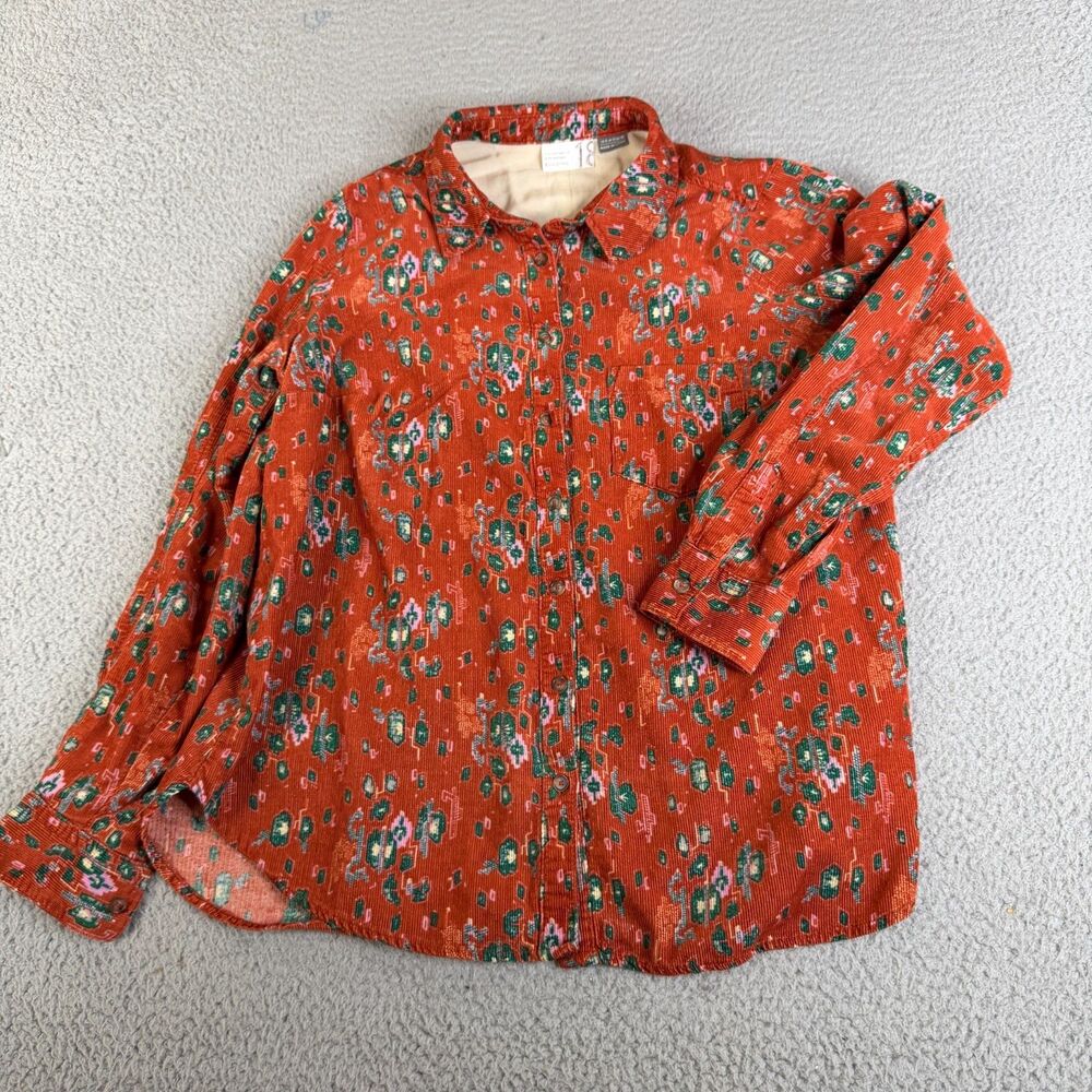 ANTHROPOLOGY Heart of Building Corduroy Shirt Women 8 Green Orange Button Front